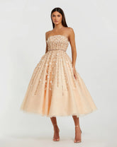 Beige Embellished Lace Strapless A Line Midi Dress