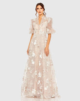 Pink Queen Anne Puff Sleeve A-Line Gown