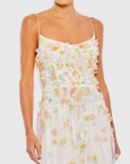 White Beaded 3D Flower Cami Ruffled High Low Lace Up Gown