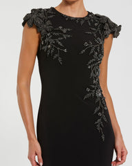 Black Cap Sleeve Jersey Column Gown With Beaded Flowers