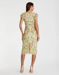 Beige Floral Embellished Flutter Cap Sleeve Dress
