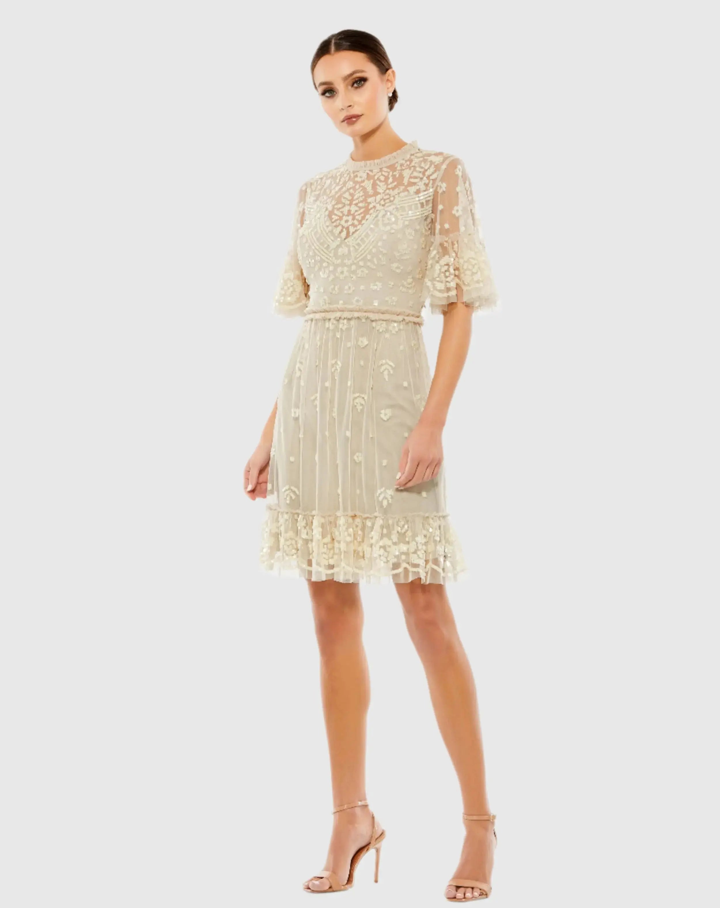 Embellished Illusion High Neck Mini Dress