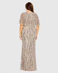 Beige High Neck Column Gown with Cape (Plus)